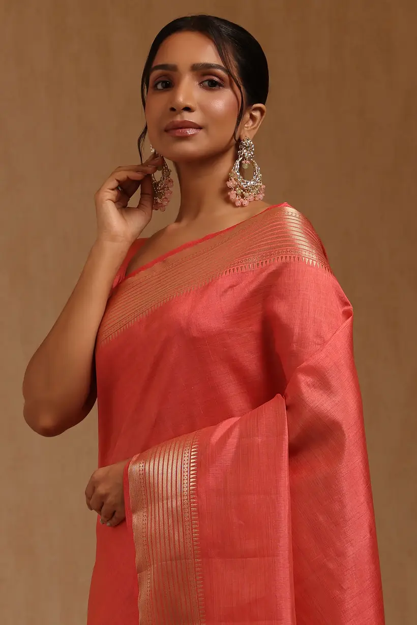 Peach Art Silk Solid Saree With Zari Woven Border